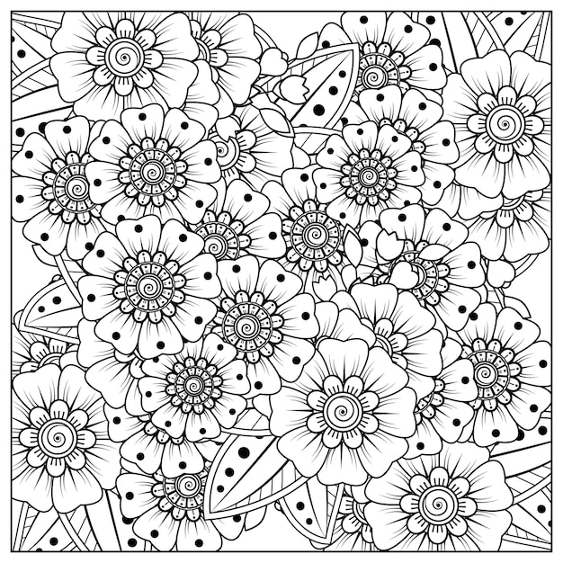 Outline square flower pattern in mehndi style for coloring book page doodle ornament in black and white hand draw illustration