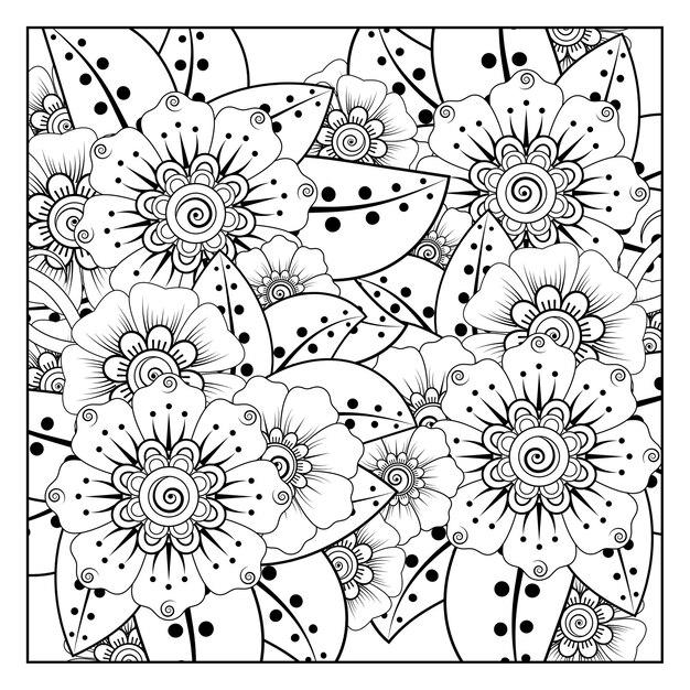 흑인과 백인 손으로 그리는 그림에서 책 페이지 낙서 장식을 색칠하기위한 멘디 스타일의 사각형 꽃 패턴 개요