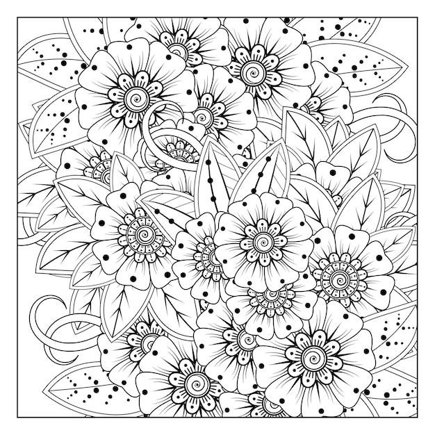 Outline square flower pattern in mehndi style for coloring book page doodle ornament in black and white hand draw illustration