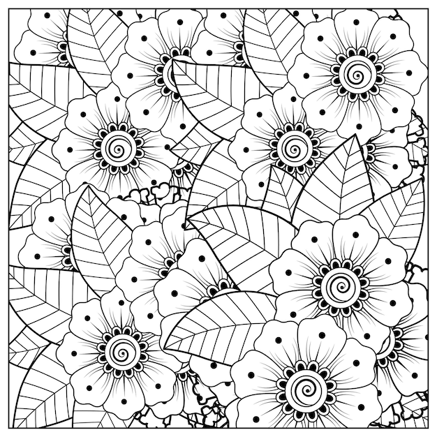 黒と白の手描きのイラストで本のページの落書き飾りを着色するための一時的な刺青スタイルの正方形の花のパターンの概要