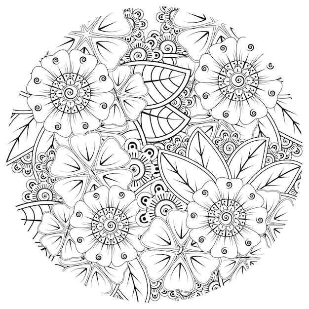 Outline square flower pattern in mehndi style for coloring book page doodle ornament in black and white hand draw illustration