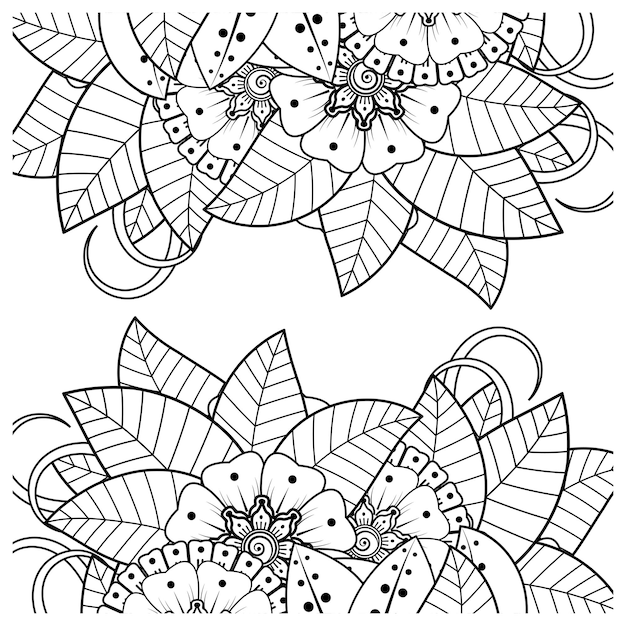 Outline square flower pattern in mehndi style for coloring book page doodle ornament in black and white hand draw illustration