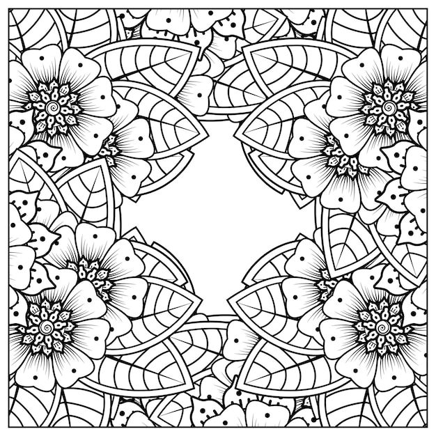 Outline square flower pattern in mehndi style for coloring book page doodle ornament in black and white hand draw illustration