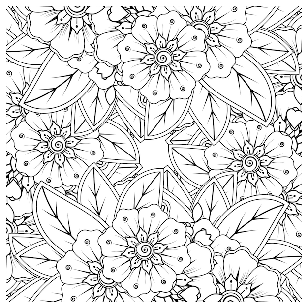 Vector outline square flower pattern in mehndi style for coloring book page doodle ornament in black and white hand draw illustration