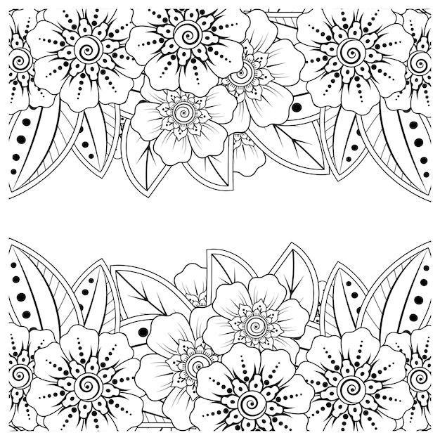 Outline square flower pattern in mehndi style for coloring book page doodle ornament in black and white hand draw illustration