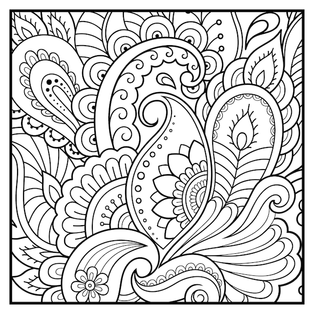 책 페이지를 색칠하기위한 mehndi 스타일의 사각형 꽃 패턴 개요.