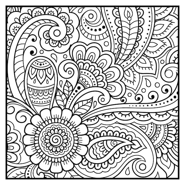 Outline square flower pattern in mehndi style for coloring book page.