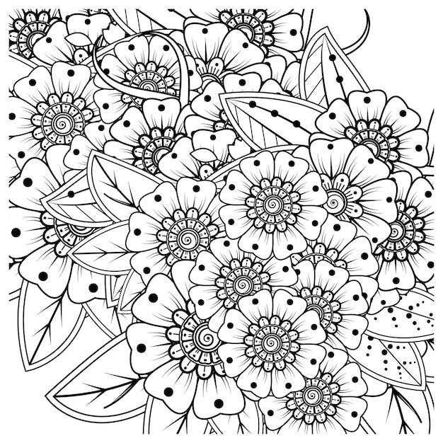 Outline square flower pattern in mehndi style for coloring book page