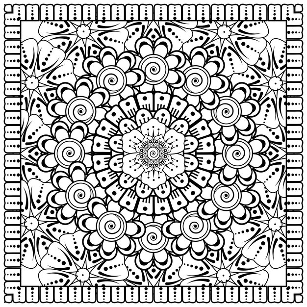 Outline square flower pattern in mehndi style for coloring book page