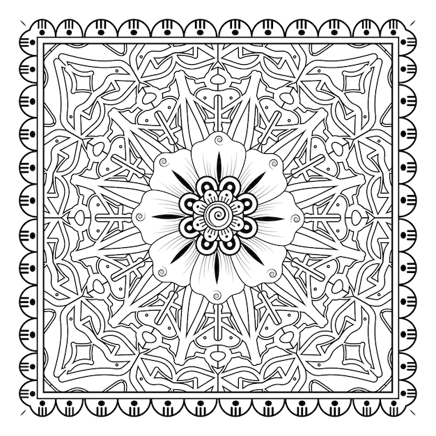 Piazza di contorno in stile mehndi. ornamento decorativo in stile etnico orientale. ornamento di doodle. pagina da colorare.