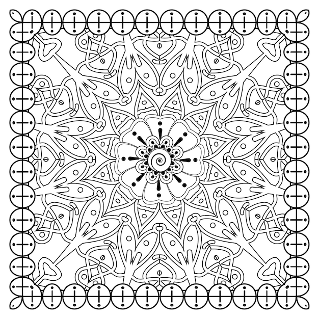 Outline square in mehndi style. decorative ornament in ethnic oriental style. doodle ornament. coloring page.