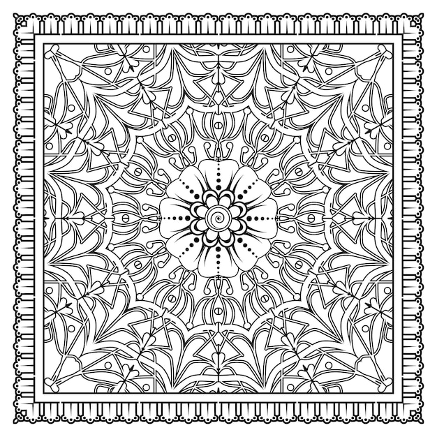 Piazza di contorno in stile mehndi. ornamento decorativo in stile etnico orientale. ornamento di doodle. pagina da colorare.