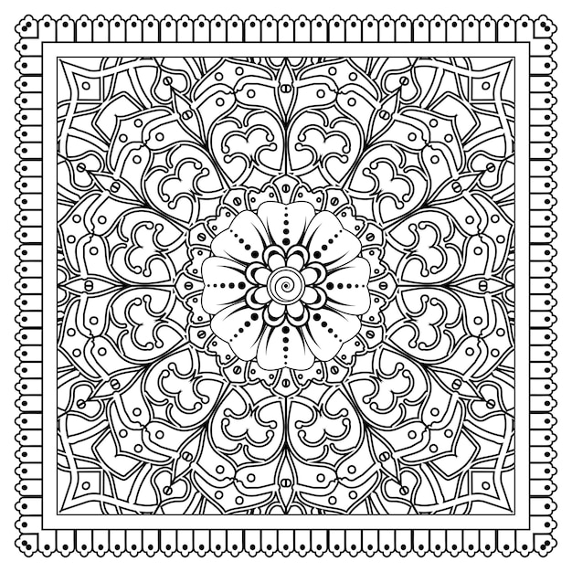 Outline square in mehndi style. decorative ornament in ethnic oriental style. doodle ornament. Coloring page.