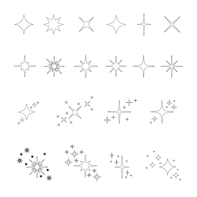 Vettore contorno stelle scintillii e scintillii set di particelle di luce stellare