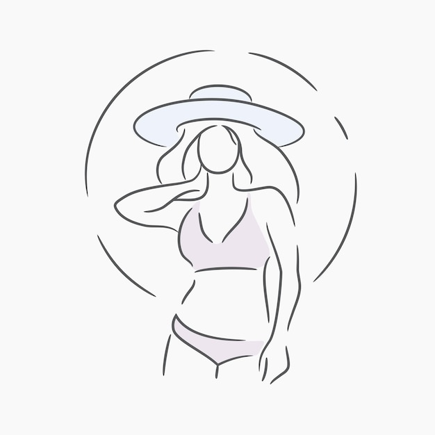 Outline stroke beautiful girl with straw hat enjoying sunbath at beach vector illustration