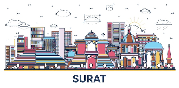 Vector outline surat india city skyline with colored modern and historic buildings isolated on white