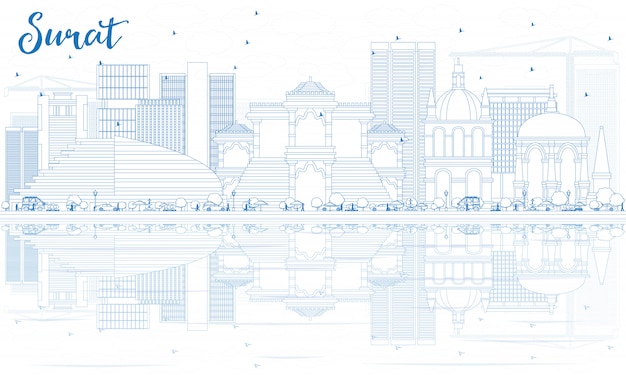 Vector outline surat skyline with blue buildings and reflections.