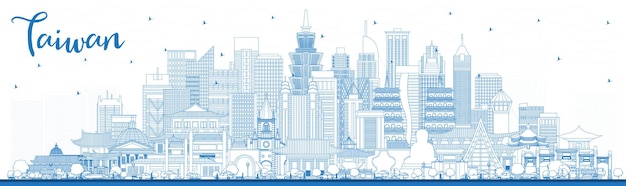 Vector outline taiwan city skyline with blue buildings