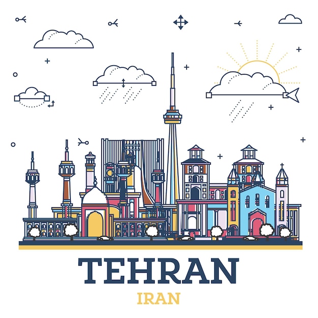 Vector outline tehran iran city skyline with colored historic buildings isolated on white teheran persia cityscape with landmarks