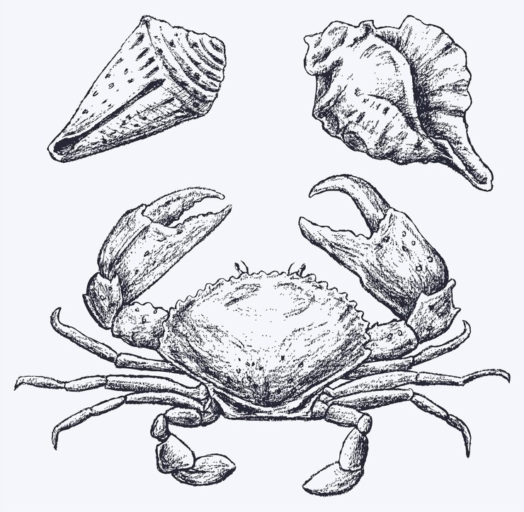 Vector outline texture hand drawings of seashells crab vector illustration isolated on white