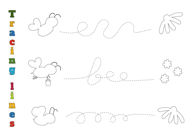 Вектор Очертите линию от пчелы до цветка - это рабочий лист для отслеживания линий для дошкольников