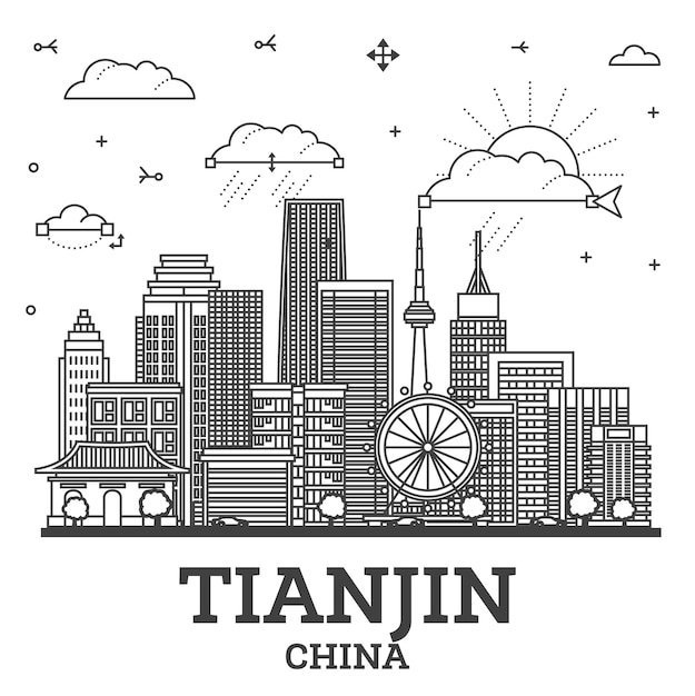 Vector outline tianjin china city skyline with modern buildings isolated on white tianjin cityscape with landmarks