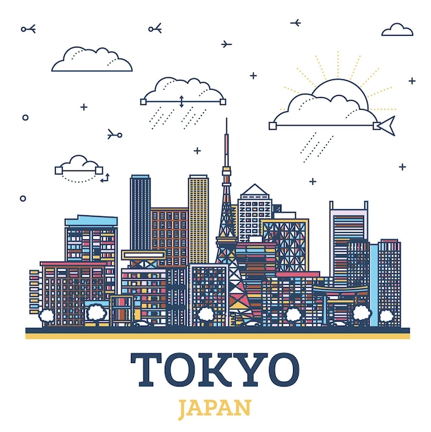 東京市のスカイラインを概要する色彩のある近代的かつ歴史的な建物がランドマークのある白い東京都市景色に隔離されています