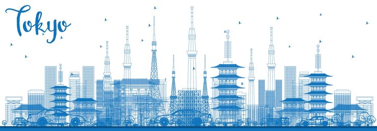 Vector 青い建物で東京のスカイラインの概要を説明します。ベクトルイラスト。近代建築とビジネス旅行と観光の概念。プレゼンテーションバナープラカードとwebサイトの画像。