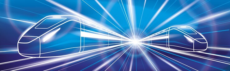 Vector outline trains in motion locomotive move neon glow lights dynamic transportation illustration