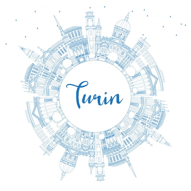 Outline Turin Italy City Skyline with Blue Buildings and Copy Space. Vector Illustration. Business Travel and Tourism Concept with Modern Architecture. Turin Cityscape with Landmarks.