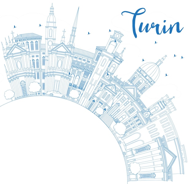 Vector outline turin italy city skyline with blue buildings and copy space. vector illustration. business travel and tourism concept with modern architecture. turin cityscape with landmarks.