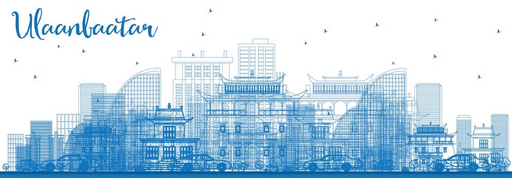 Vector 파란색 건물이 있는 울란바토르 스카이라인 개요. 벡터 일러스트 레이 션. 역사적인 건물과 비즈니스 여행 및 관광 개념입니다. 프레젠테이션 배너 현수막 및 웹사이트용 이미지.