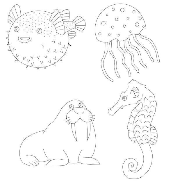 Vector outline underwater animals clipart set in cartoon style includes 4 ocean animals for kids and child