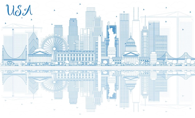 Profilo usa skyline con grattacieli blu e punti di riferimento. illustrazione di vettore. viaggi d'affari e concetto di turismo con architettura moderna. immagine per presentazione banner cartellone e sito web.