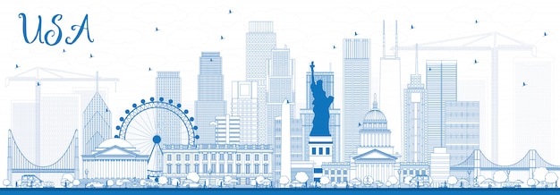 Vector outline usa skyline with blue skyscrapers and landmarks.