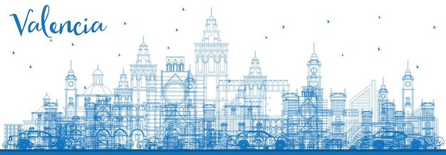 青い建物でバレンシアのスカイラインの概要を説明します。ベクトルイラスト。歴史的な建築とビジネス旅行と観光の概念。プレゼンテーションバナープラカードとwebサイトの画像。
