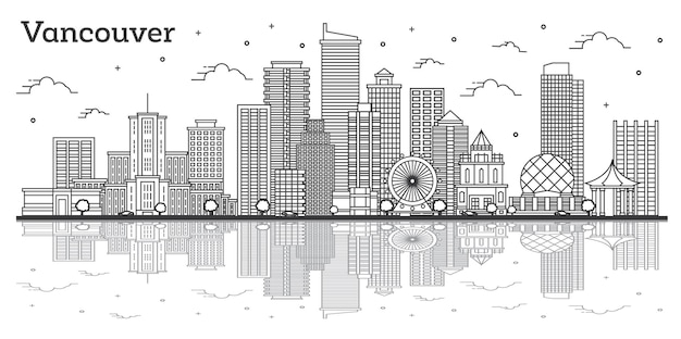 Profilo dello skyline della città di vancouver canada con edifici moderni e riflessi isolati su bianco. illustrazione di vettore. paesaggio urbano di vancouver con punti di riferimento.