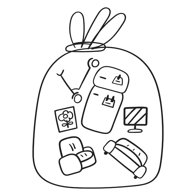 개요 벡터 아이콘입니다. 쓸모없는 생활용품으로 가득 찬 쓰레기 봉투. 흰색 바탕에 그래픽 디자인