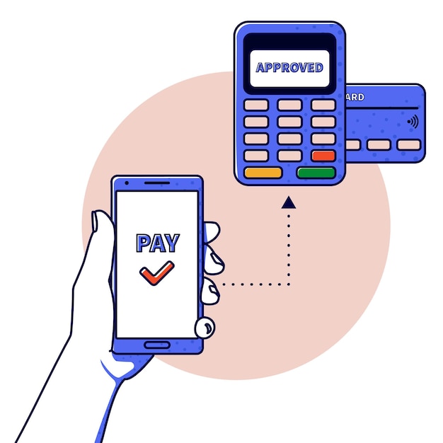 Outline vector illustration hand holding phone paying or buying contactless payment