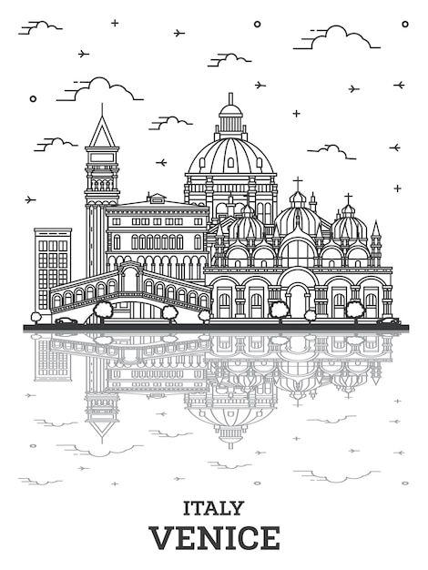 Контур города венеция италия с историческими зданиями и отражениями, изолированными на белом