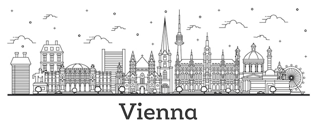 Profilo dello skyline della città di vienna austria con edifici storici isolati su bianco. illustrazione di vettore. paesaggio urbano di vienna con punti di riferimento.