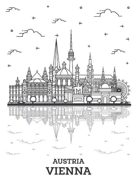 Delineare lo skyline della città di vienna austria con edifici storici e riflessi isolati su bianco