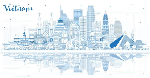 Outline vietnam city skyline with blue buildings and reflections
