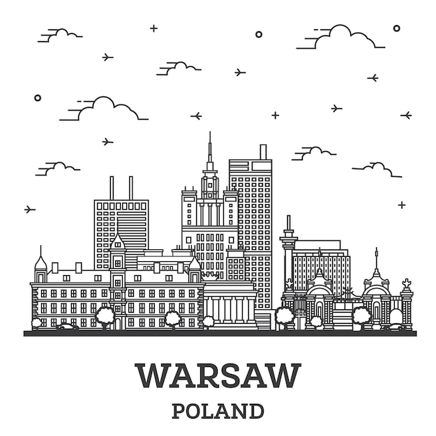 Outline warsaw poland city skyline with modern buildings and reflections isolated on white