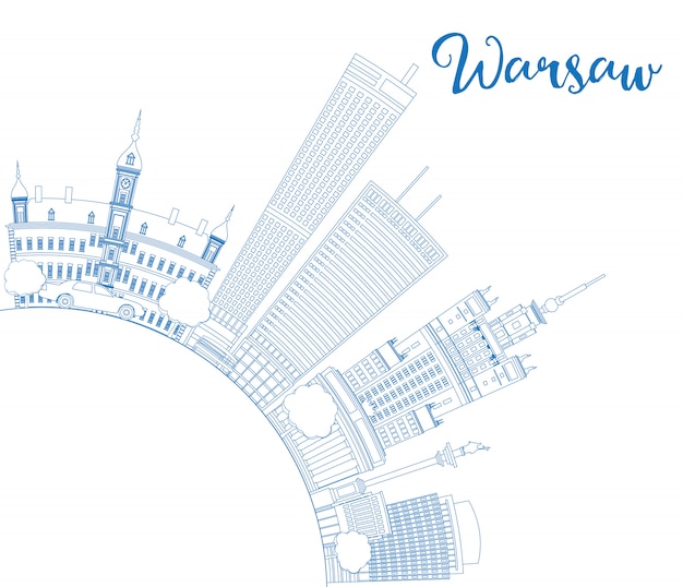 Outline warsaw skyline with blue buildings and copy space.