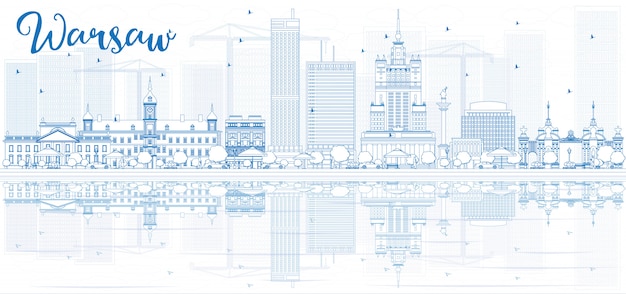 Vector outline warsaw skyline with blue buildings and reflections.