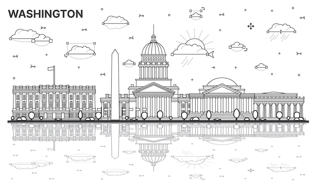 Delineare lo skyline della città di washington dc con edifici storici e riflessi isolati su illustrazione vettoriale bianca