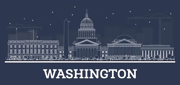 Очертите горизонт Вашингтона, округ Колумбия, с белыми зданиями. Векторные иллюстрации. Деловые поездки и концепция туризма с историческими зданиями. Городской пейзаж Вашингтона, округ Колумбия, с достопримечательностями.