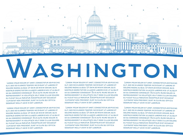 Profilo dello skyline della città di washington dc usa con edifici blu e spazio di copia. illustrazione di vettore. viaggi d'affari e concetto di turismo con edifici storici. paesaggio urbano di washington dc con punti di riferimento.