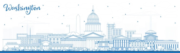 Outline washington dc usa city skyline with blue buildings. vector illustration. business travel and tourism concept with historic buildings. washington dc cityscape with landmarks.